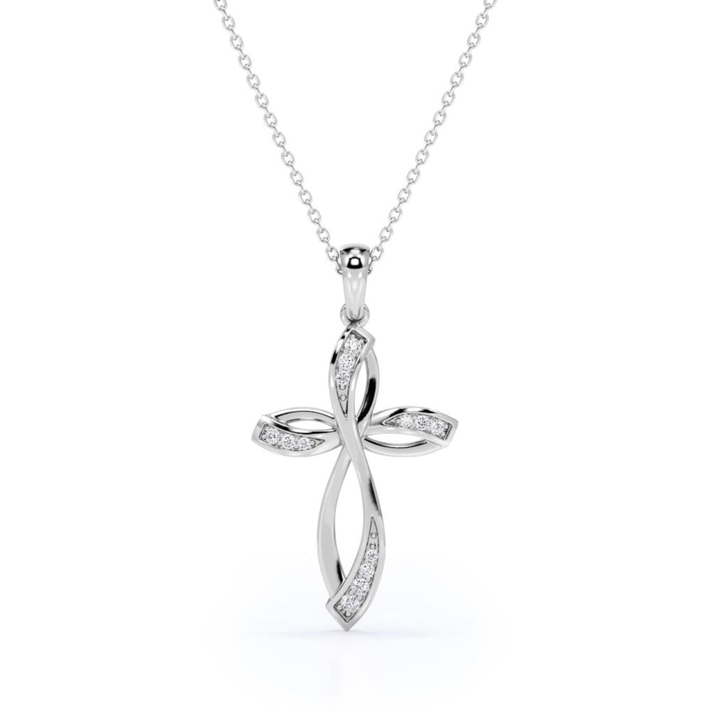 Infinity Mini-Pave Round Shape Moissanite Crucifix Pendant Necklace in 18K White Gold Plating over Silver