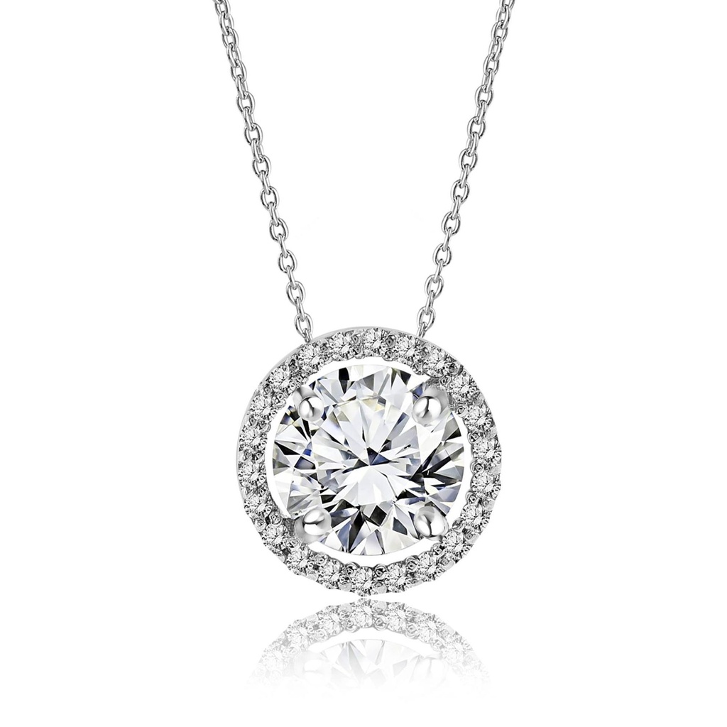 Solitaire Round Cut - Moissanite - April Birthstone Halo Pendant Necklace 18k White Gold over Silver, Adult, Female