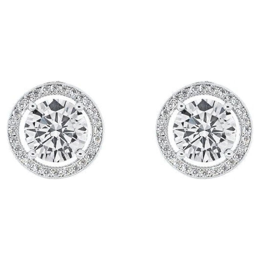 18k White Gold Plated Silver Halo Stud Earrings | CZ Earrings for Women, Gift for Her