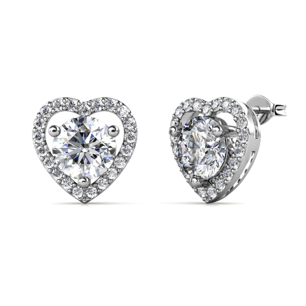 Moissanite Sterling Silver Earrings | 18k White Gold Heart Stud Earrings, 925 Sterling Silver Earrings For Women with Moissanite Crystals