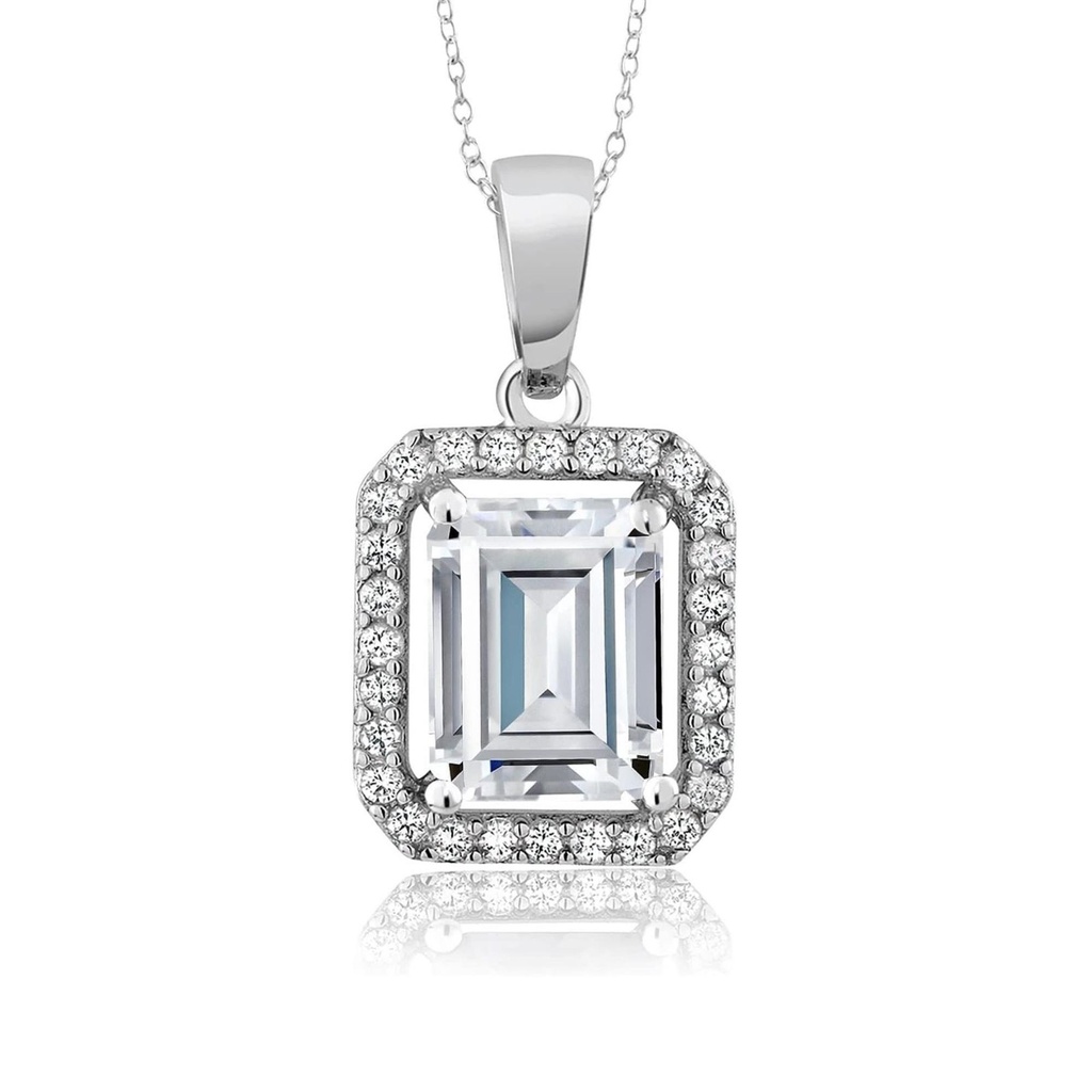  Emerald Cut White Moissanite Halo Pendant Necklace For Women 