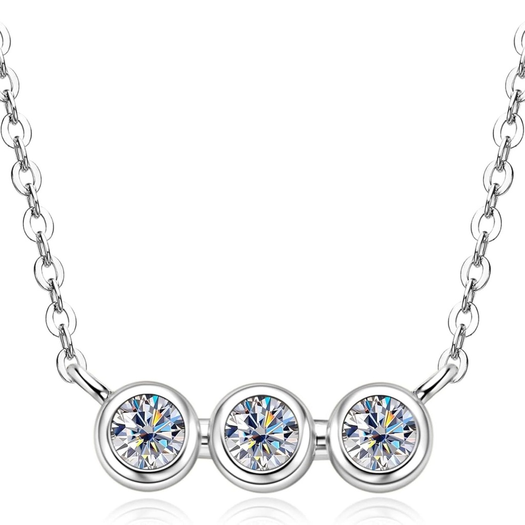 Three Stone Moissanite Pendant Necklace, Lab Created Diamond Sterling Silver Platinum Plated Bezel Pendant for Women Mother's Day Valentines Day Birthday Jewelry Gift