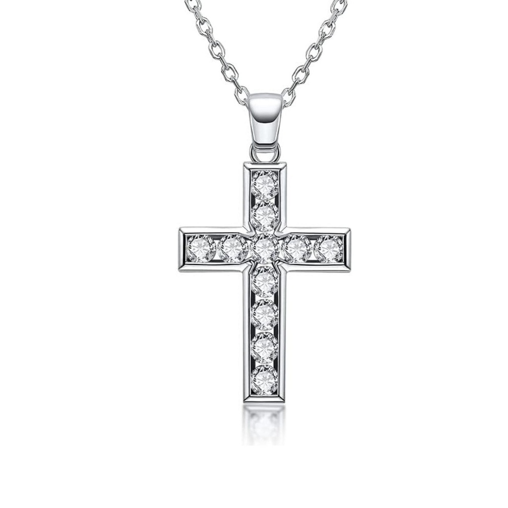 Cross Necklace Round Cut Moissanite Round Cut 14K White Gold Plated 925 Sterling Silver Anniversary Pendant Necklace for Women