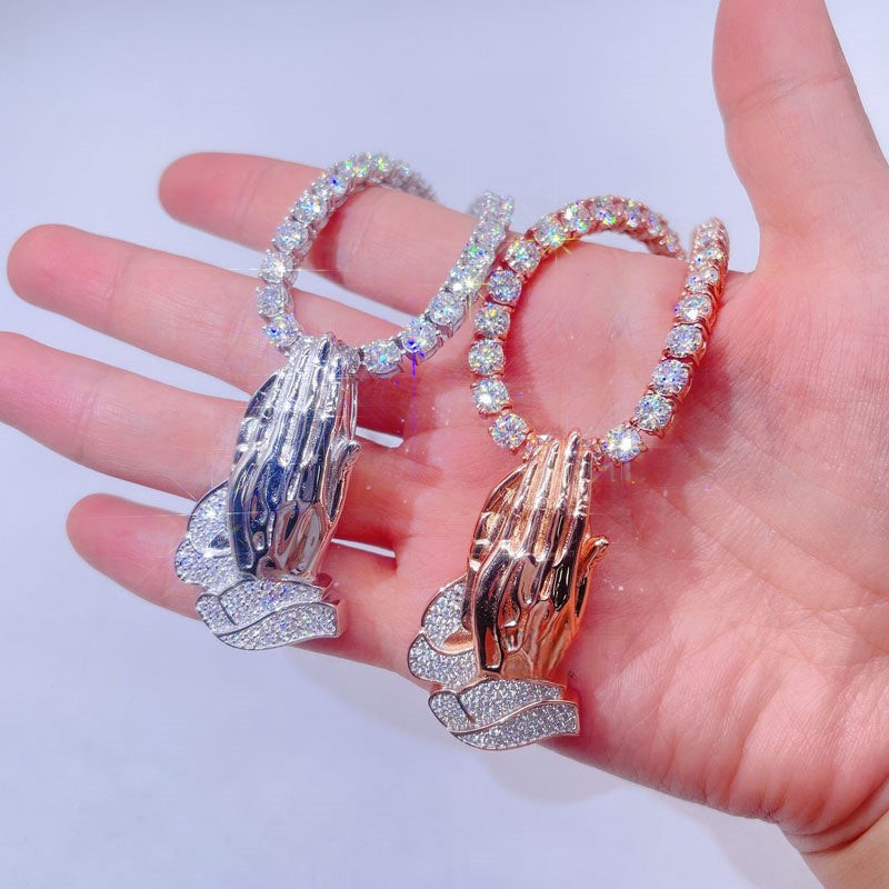 Iced Out Praying Hands Necklace with Diamond Pass Diamond Tester