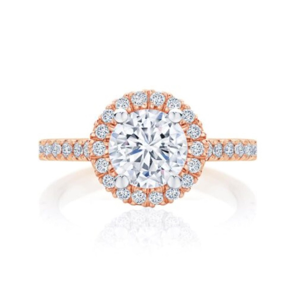 Round Cut Halo 4 Prong Set Lab Diamond Engagement Ring In Rose Gold