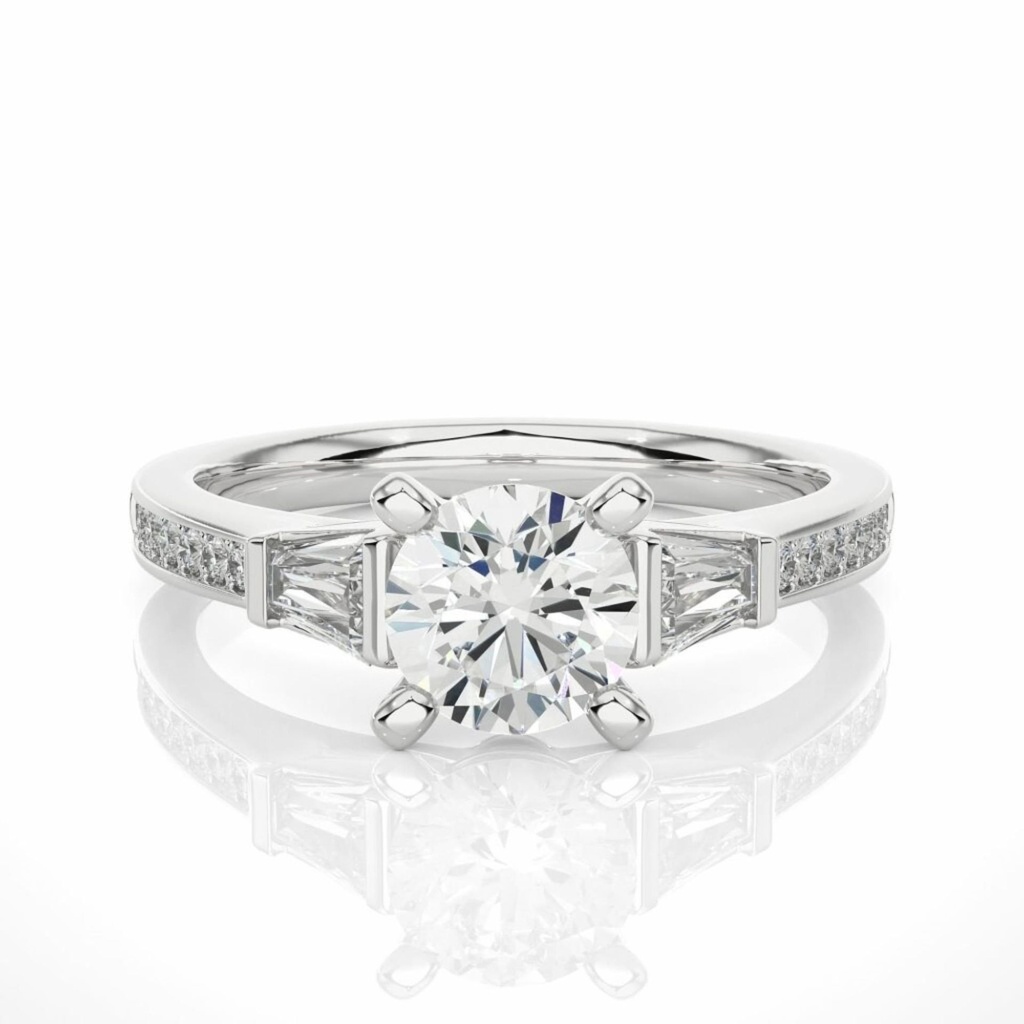  Round & Trapped Baguette Cut Three Stone Diamond Engagement Ring 