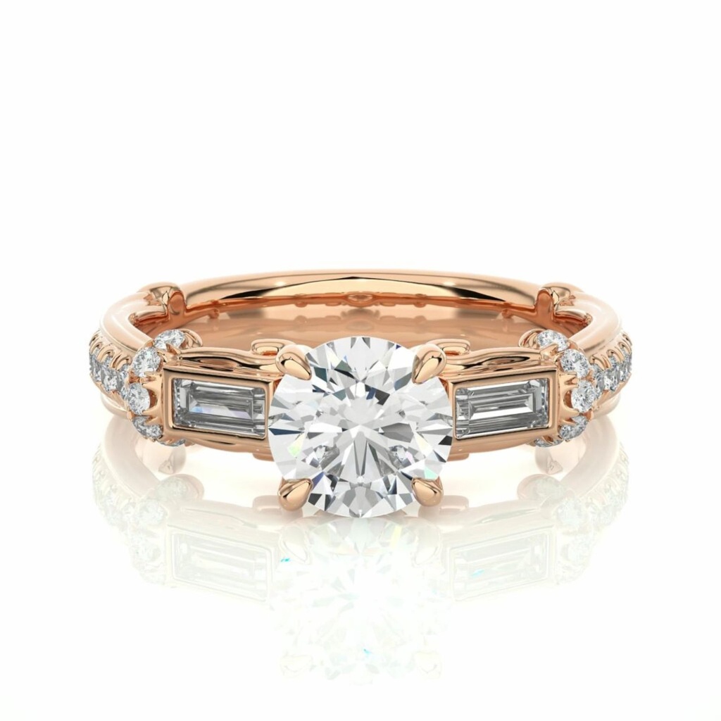 Round And baguette Cut Prong Setting Diamond Ring In Yellow Gold