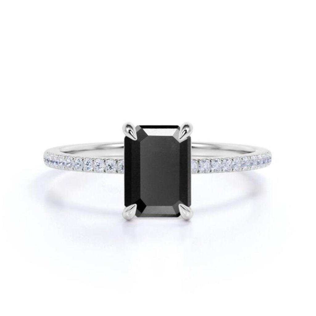 Emerald Cut Black And White Diamond Ring With Accents