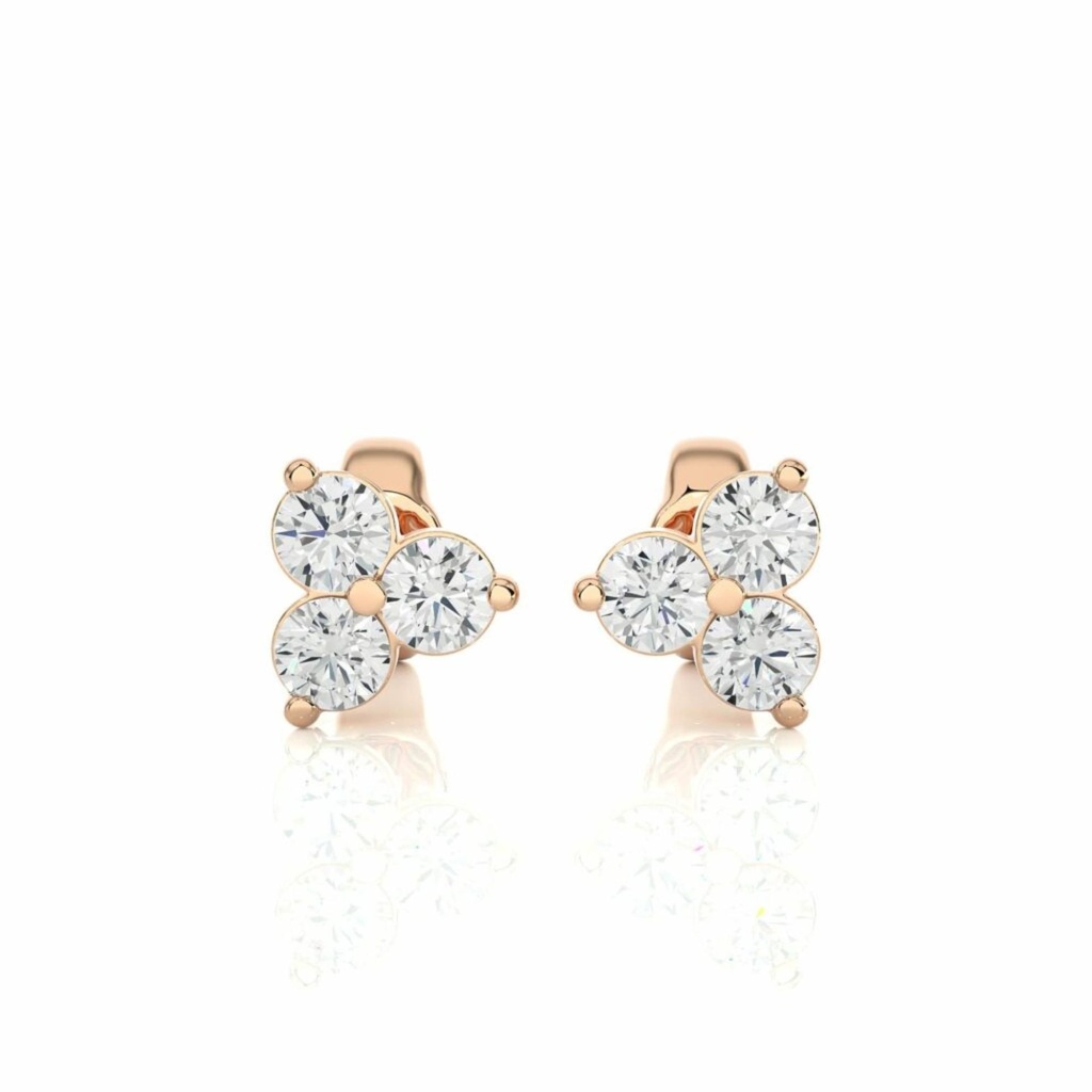 Three Round Prong Setting Diamond Stud Earrings in Rose Gold