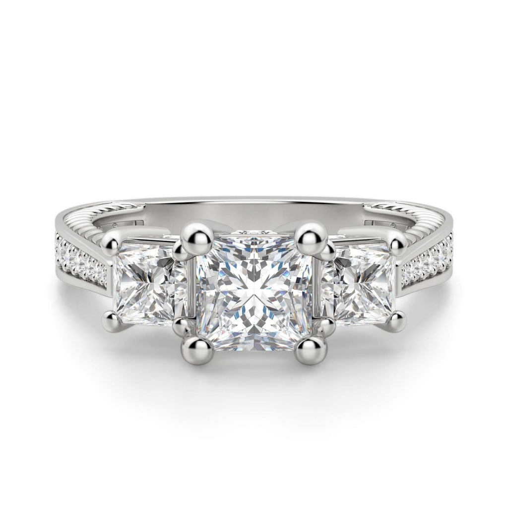 Princess Cut Three Stone Hidden Accent Stone Engagement Ring For Women