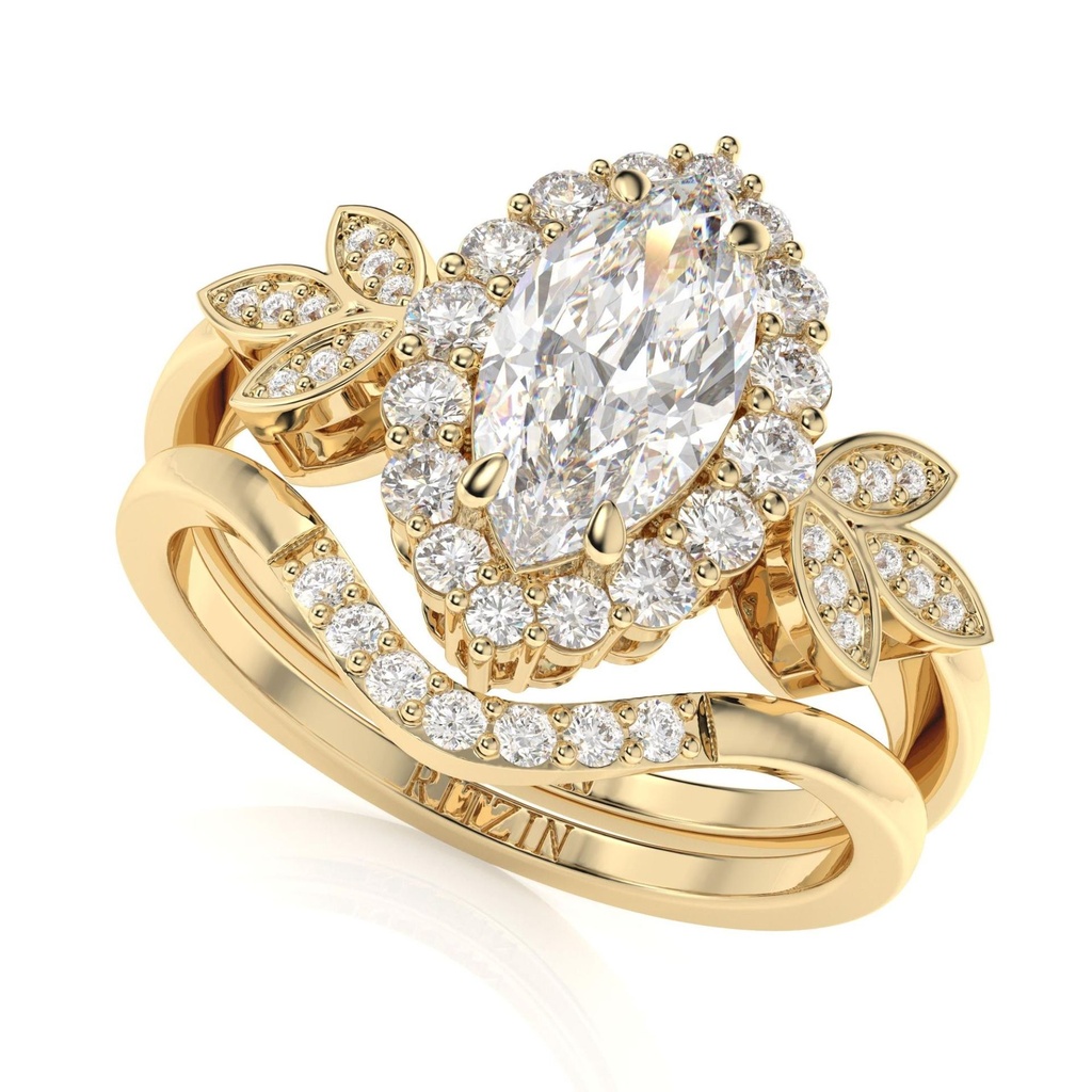 Vintage Marquise Cut  Engagement Ring Set Halo Diamond Bridal Set Unique Flower Rose Gold Vine Leaf Art Deco Ring Anniversary Gift