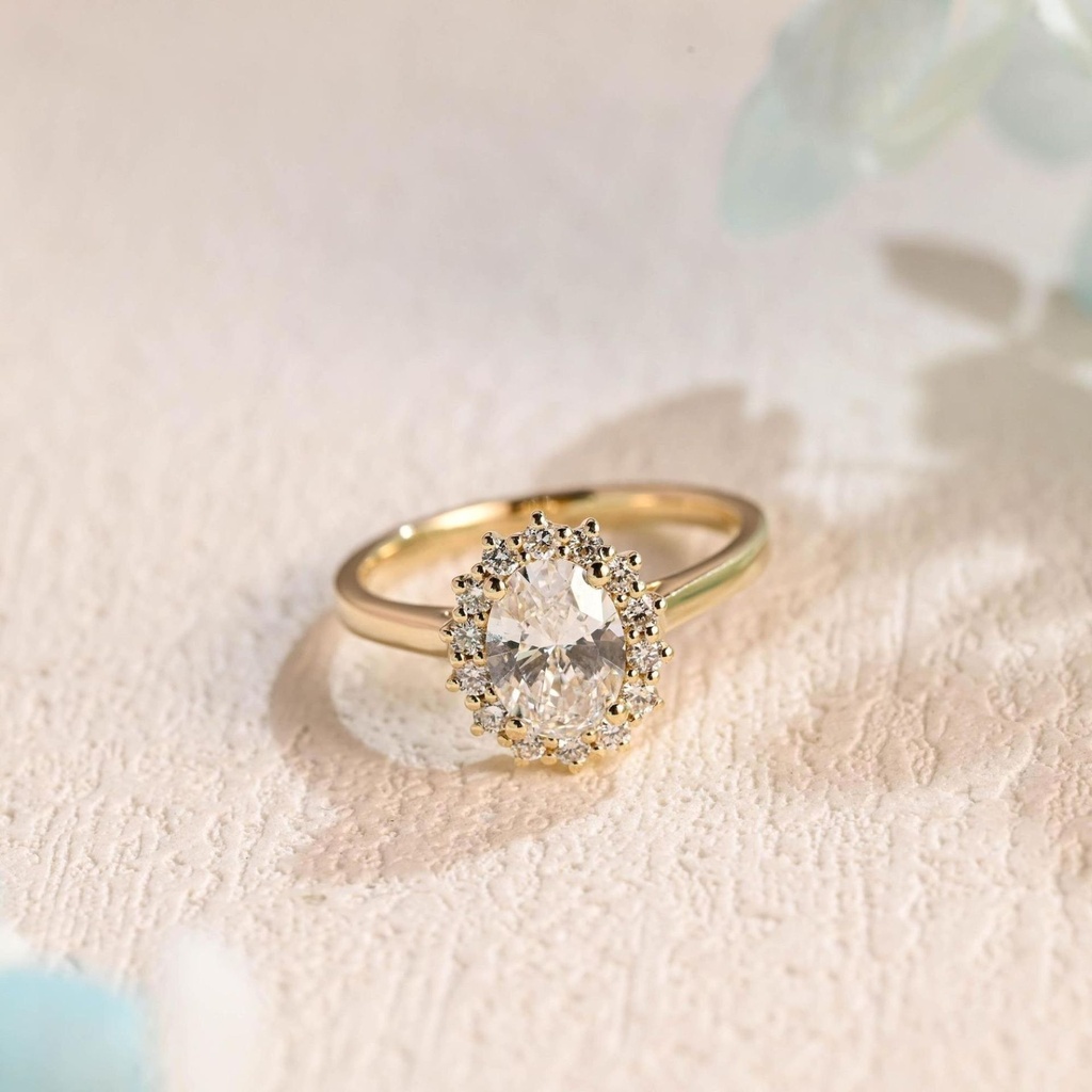  Oval  Diamond Engagement Ring, Solid Gold Diamond Floral Halo Promise Ring 