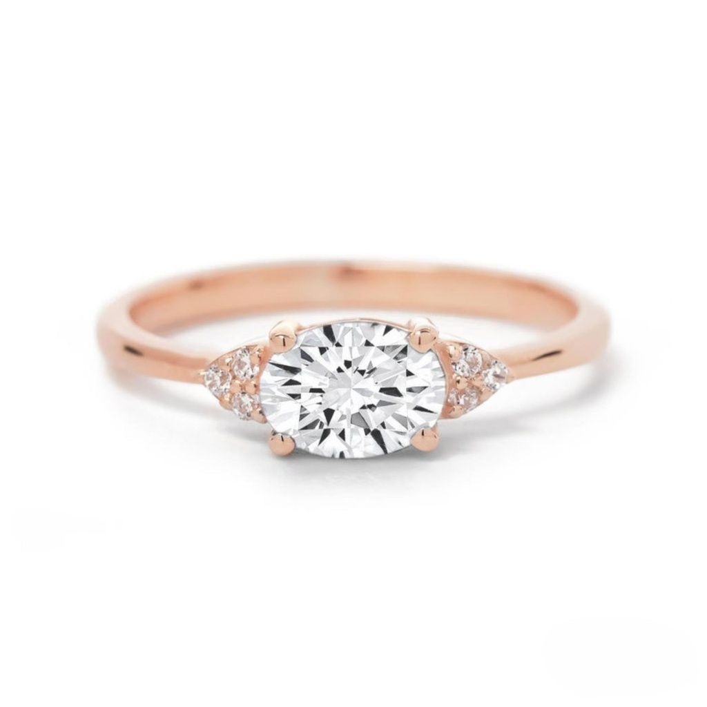 Oval-Cu Diamond Engagement Ring,14k Solid Gold,Dainty Diamond Proposal Ring,East to West  Wedding Ring,Minimalist Ring for Bride