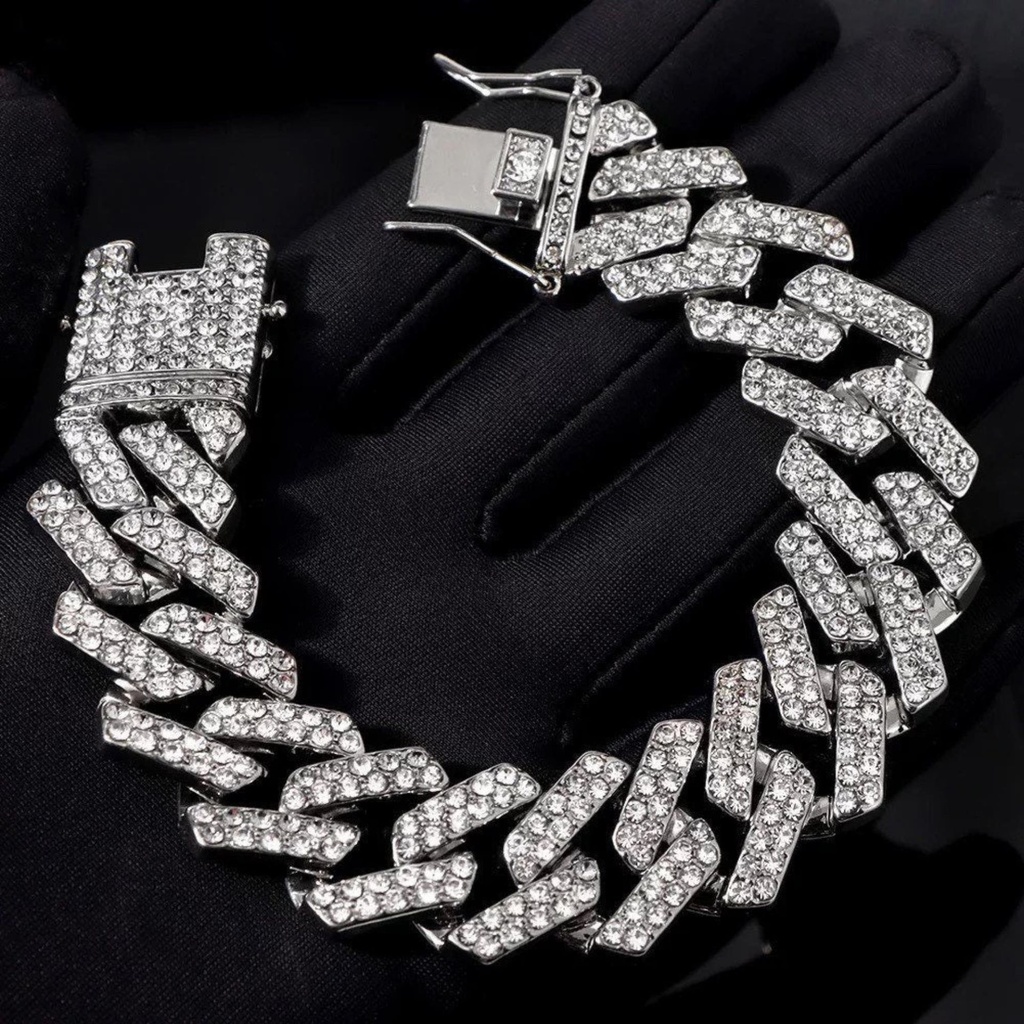 ICED OUT Prong Miami Paved Rhinestones Prong Cuban Link Chain Bracelet In Gold &amp; White Gold for Men Women Perfect Birthday Gift