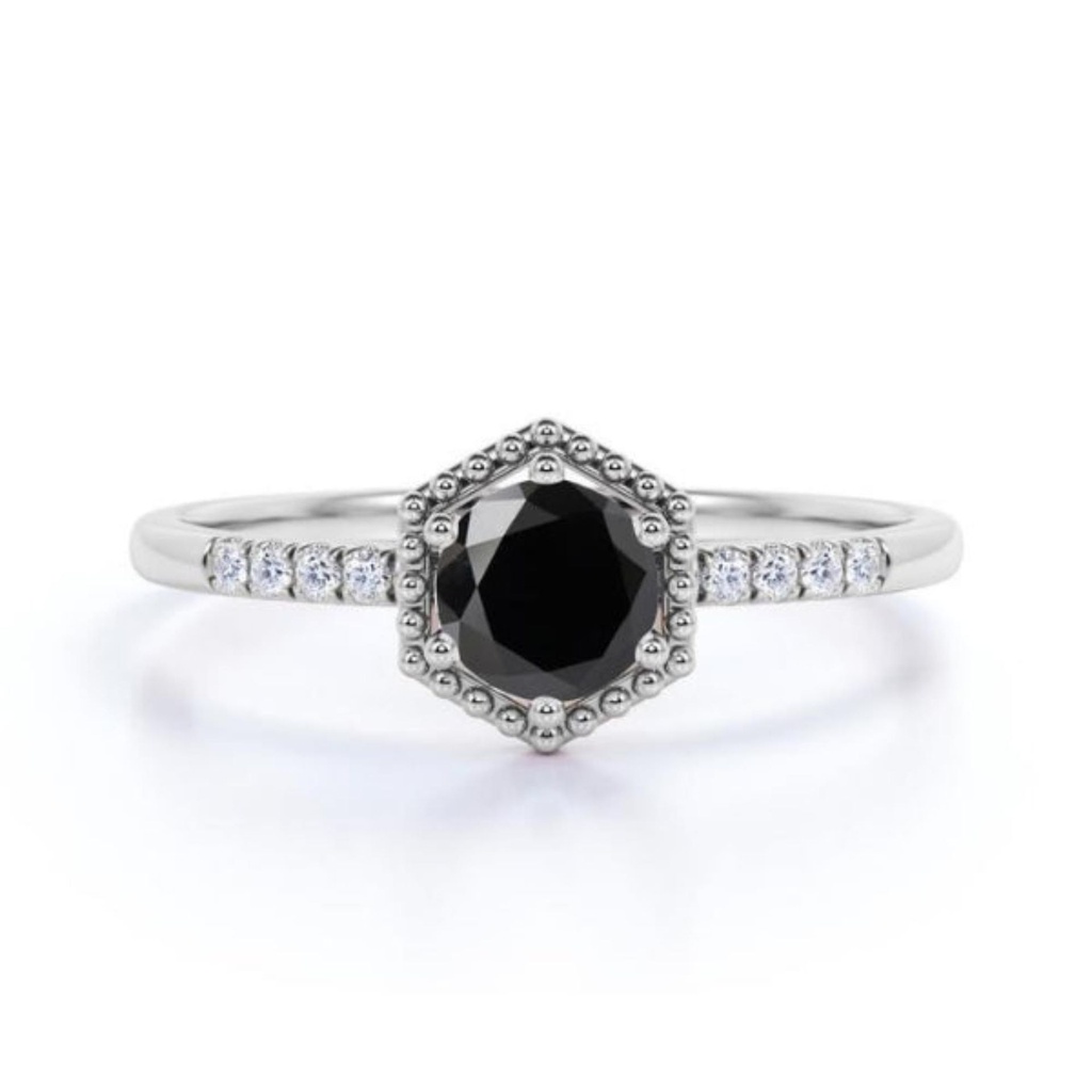 Round Cut Basket Set Black & White Diamond Engagement Ring