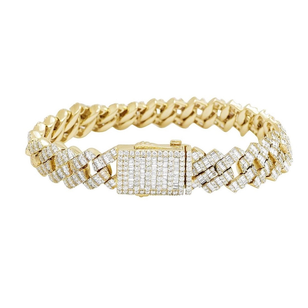 Baguette & Round Diamond Cuban Chain Hip Hop Bracelet, Sterling Silver 14K Plated Gold Diamond Bracelet 
