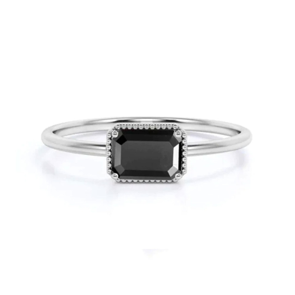  Emerald Cut Prong Setting Black Diamond Engagement Ring In White Gold