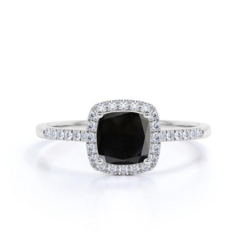  Cushion Cut Halo Four Prong Black And White Diamond Ring In White Gold
