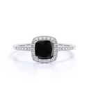  Cushion Cut Halo Four Prong Black And White Diamond Ring In White Gold
