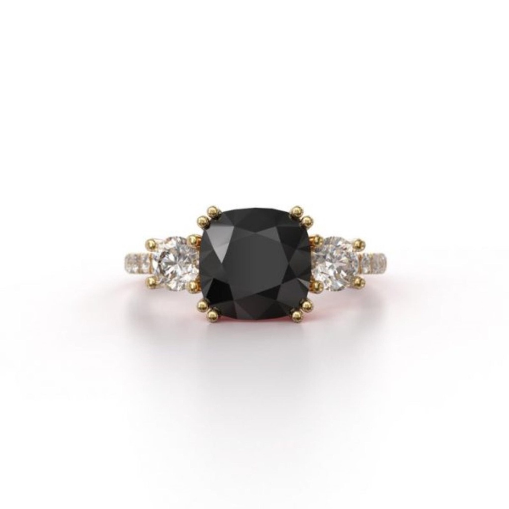  Cushion Cut Three Stone Black And White Diamond Ring