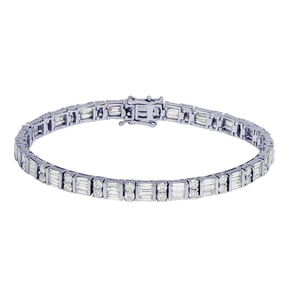 Round & Baguette Diamond Tennis Hip Hop Bracelet, Sterling Silver Plated Gold Diamond Bracelet For Birthday Gift