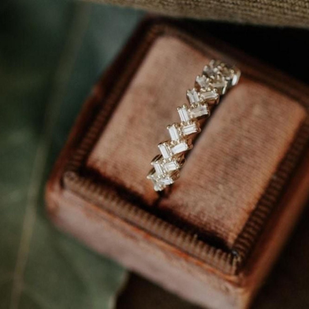 Baguette Cut Double Row Pave Set Half Eternity Wedding Band For Women