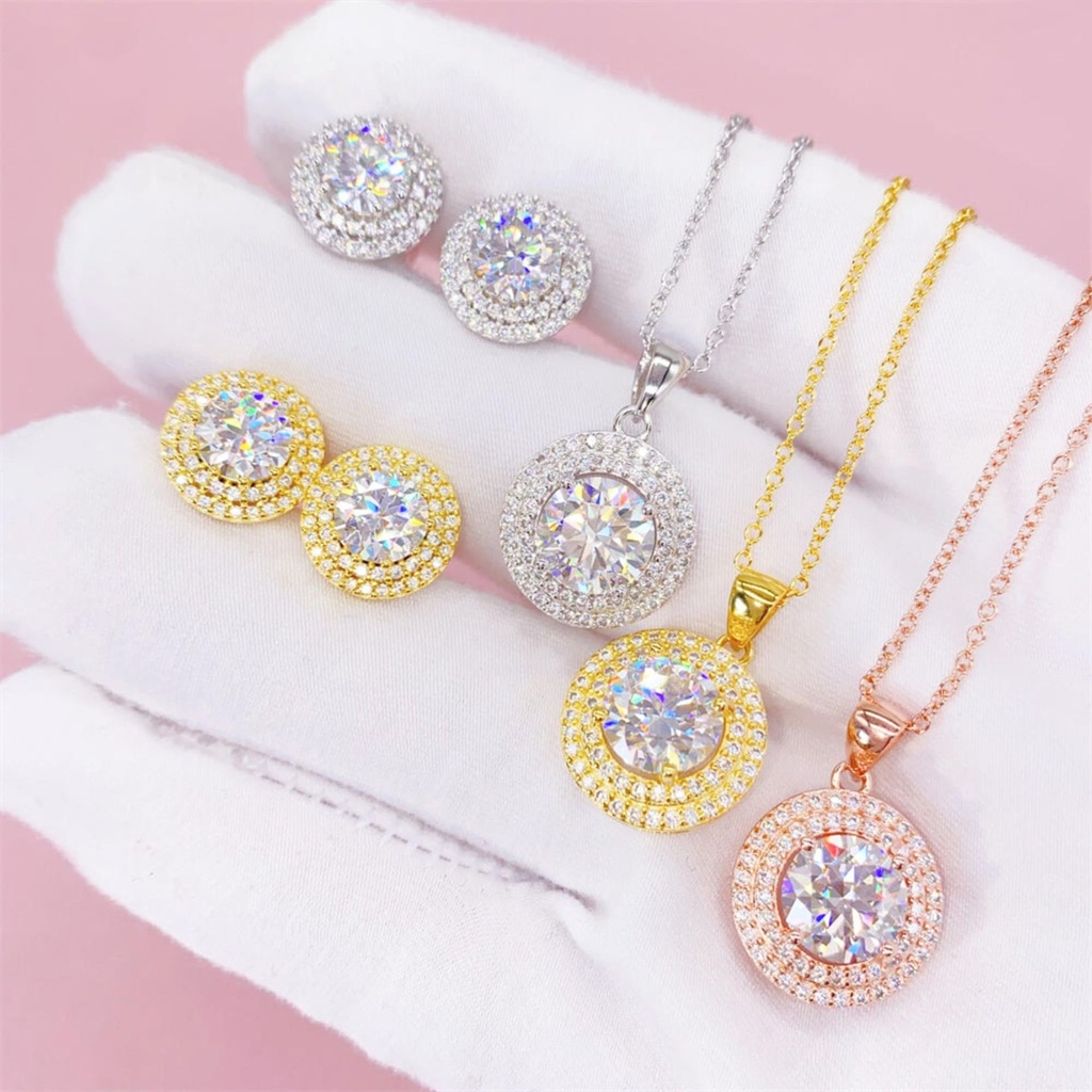 Round Cut Diamond Double Halo Pendant And Earrings For Women