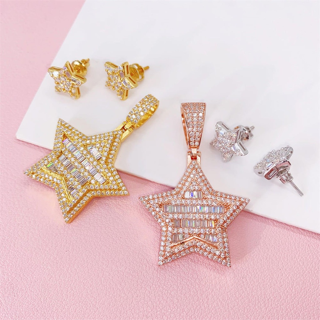 Round And Baguette Cut Diamond Pendant And Earrings For Women