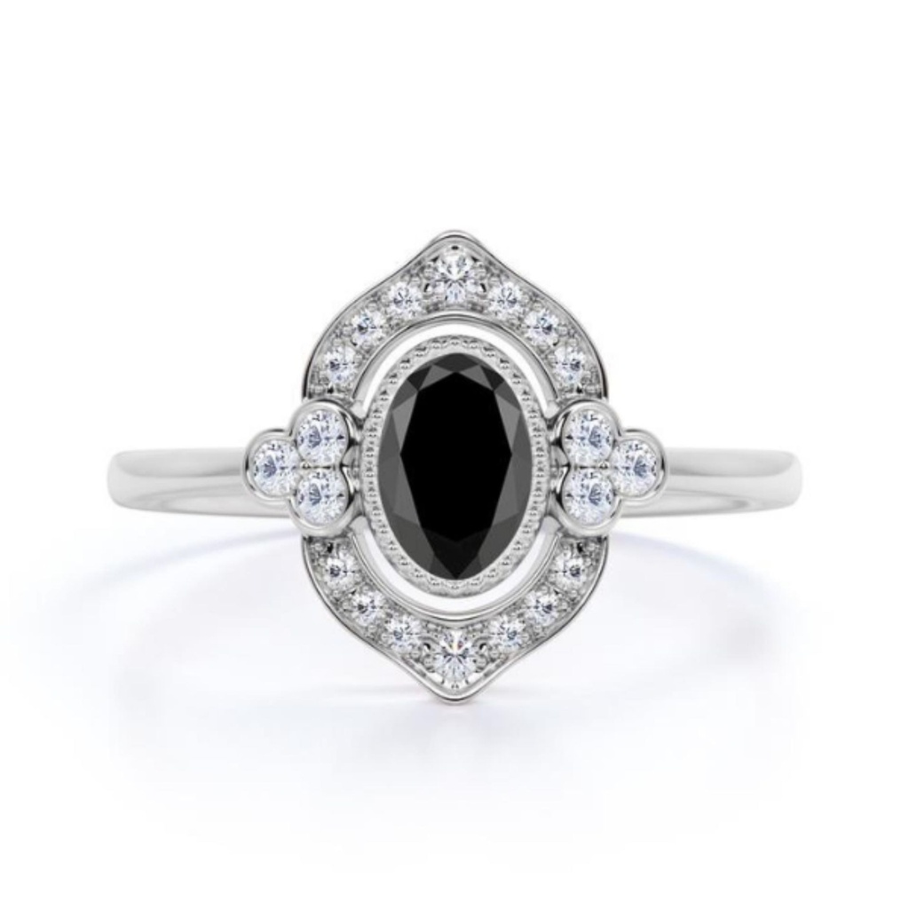  Oval and Round Cut Vintage Halo Black and White Diamond Ring For Women