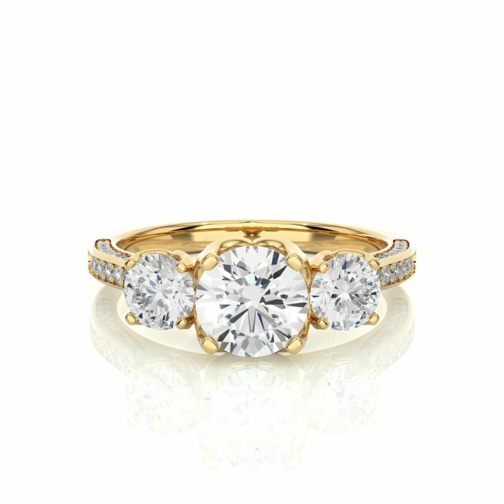  Round Cut 3 Stone Diamond Engagement Ring In Yellow Gold