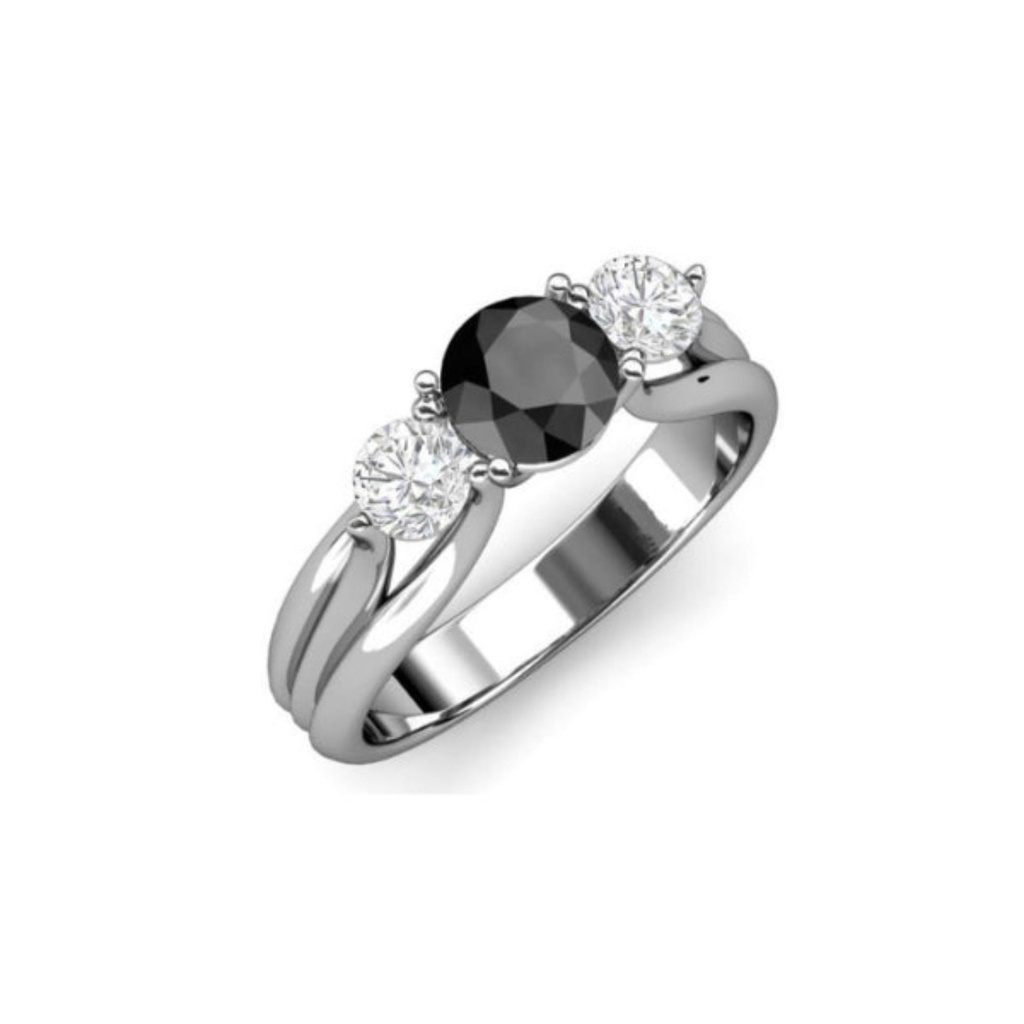  Round Cut Three Stone Black And White Diamond Engagement Ring For Women