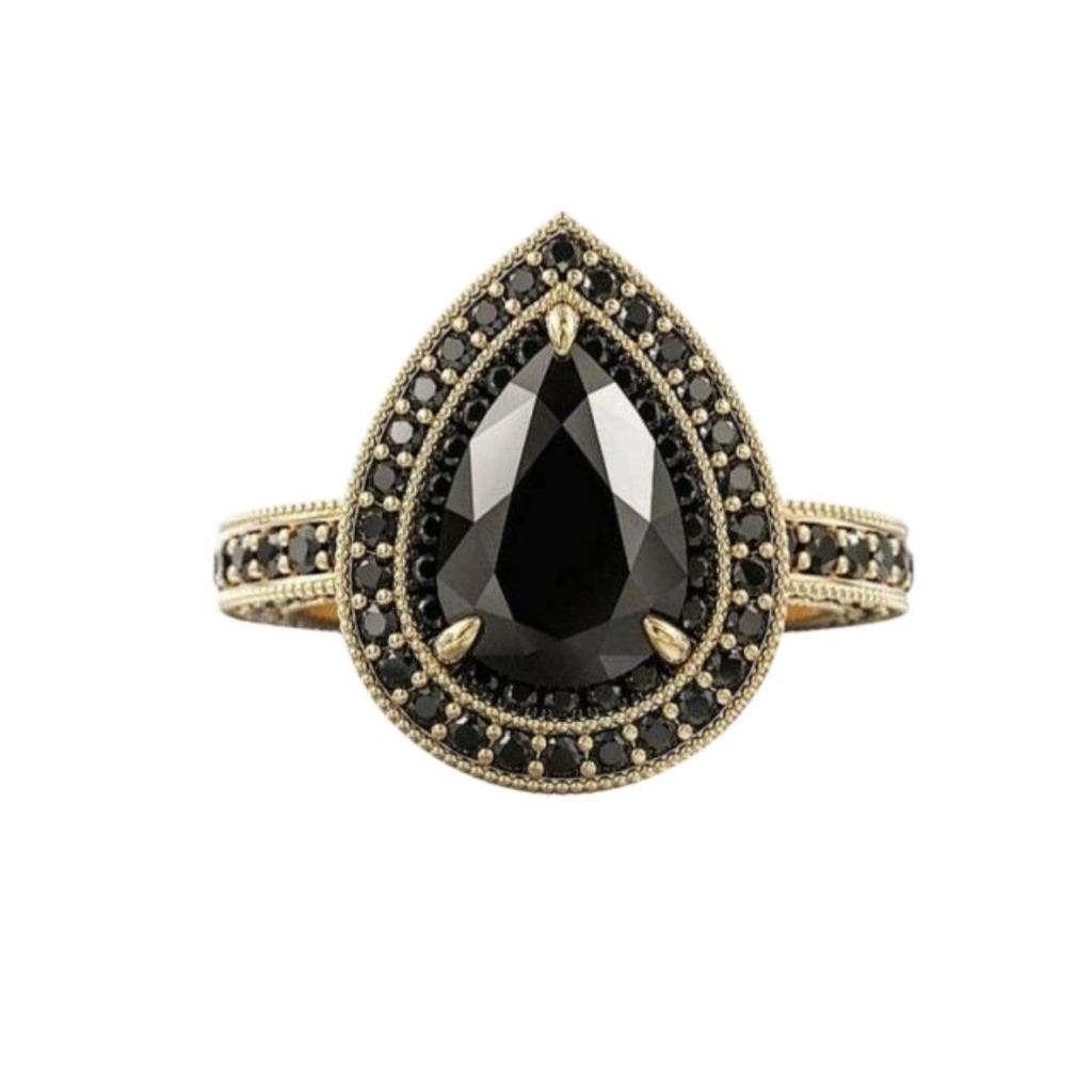 Pear And Round Cut Prong Setting Halo Black Diamond Ring With Accents For Women