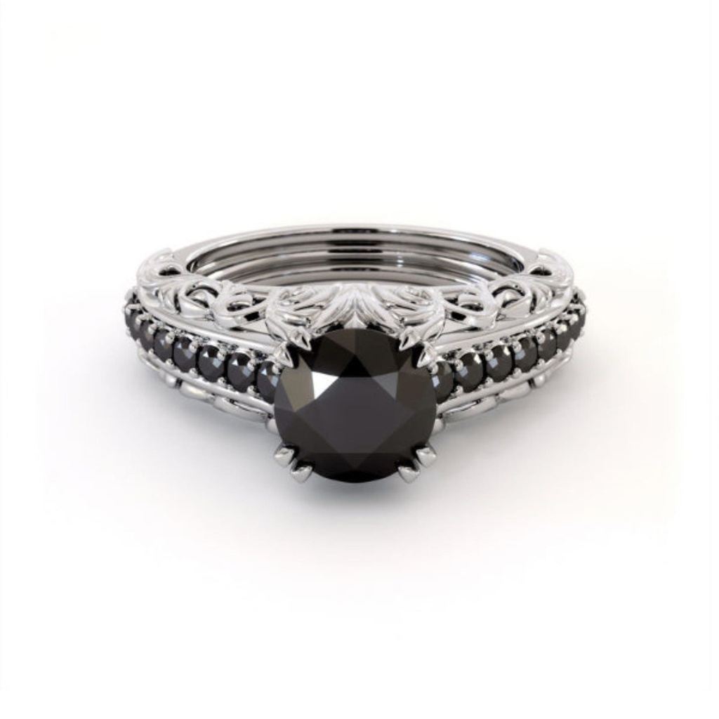 Black Round Cut Diamond With Accents Engagement Ring for Women