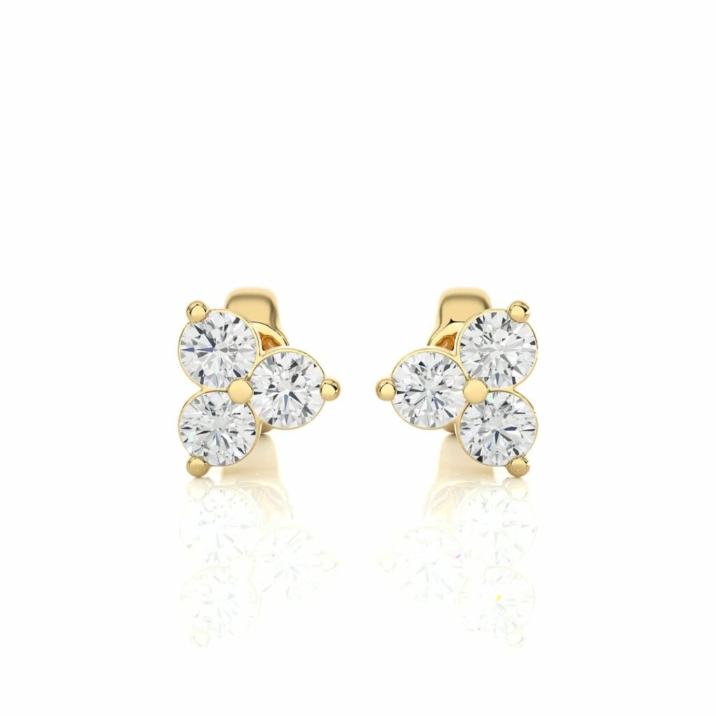 Three Round Prong Setting Diamond Stud Earrings in Yellow Gold