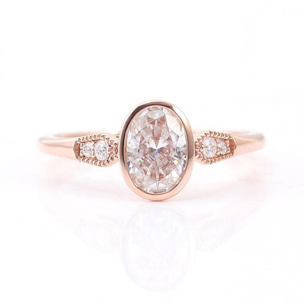 Full Bezel Set Oval Cut Colorless Moissanite Engagement Ring, Timeless Milgrain Wedding Ring, Five Stone Ring, Diamond Promise Ring Women