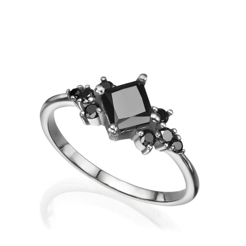  Princess Cut Prong Setting Cluster Black Diamond Engagement Ring For Women