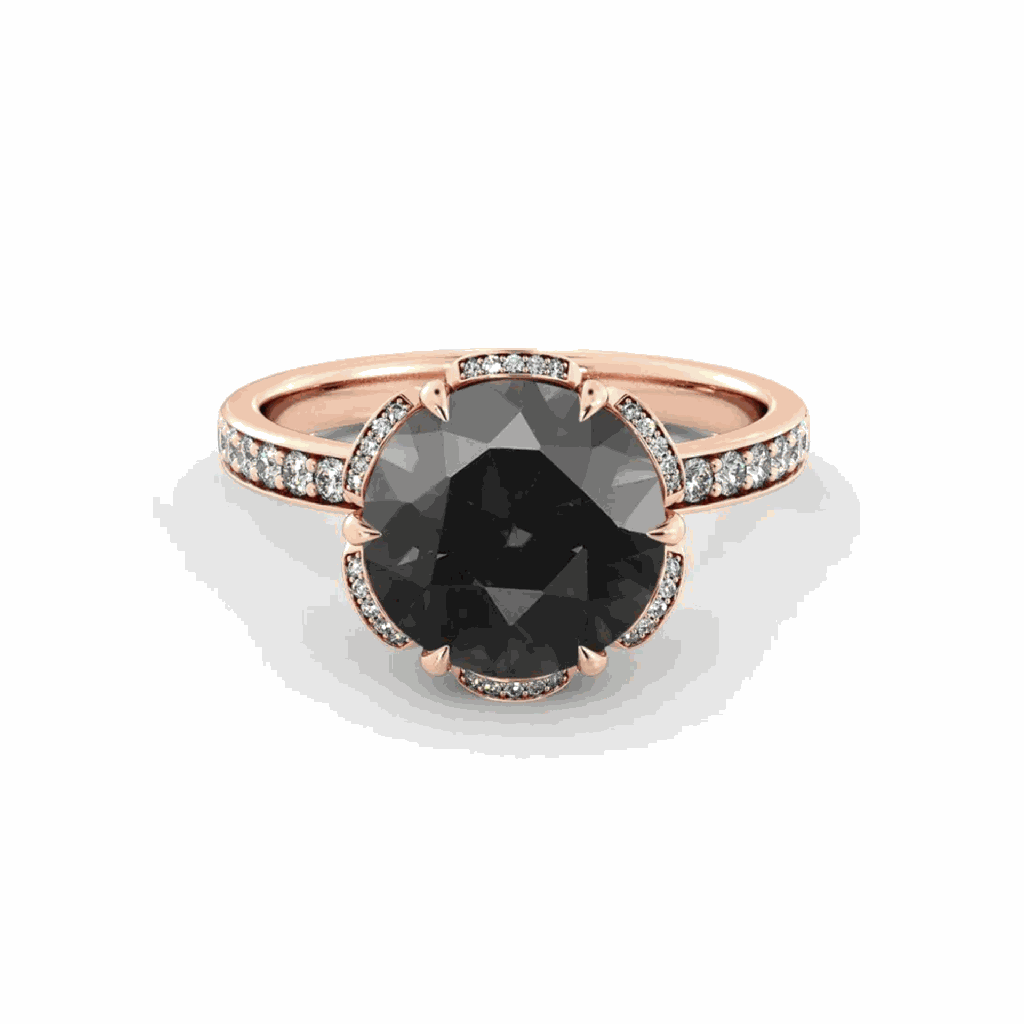  Round Cut Prong Setting Halo Floral Style Black Diamond Ring For Women