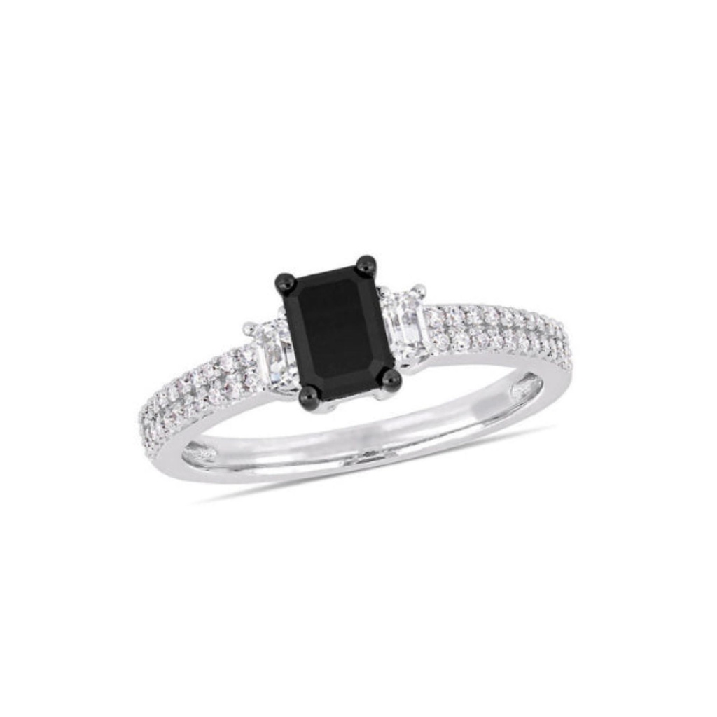  Emerald And Round Cut Prong Set Black And White Diamond  Ring For Women
