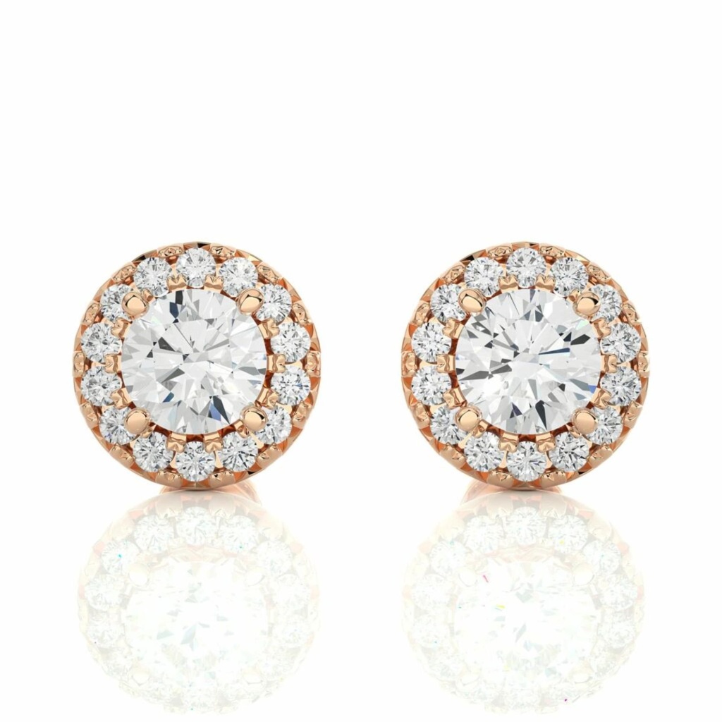  Round Cut Diamond Shaped 4 Prong Set Halo Stud Earrings For Women