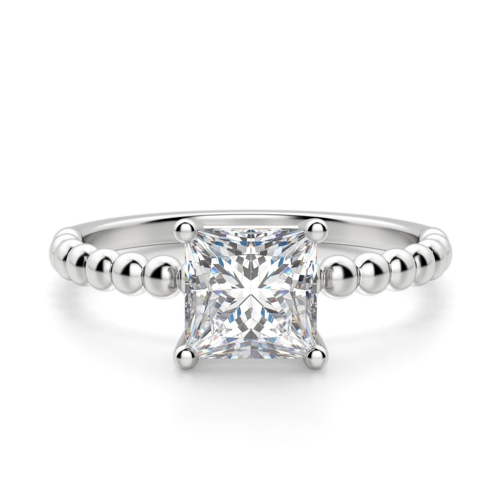 Princess Cut Beaded Solitaire Moissanite Engagement Ring