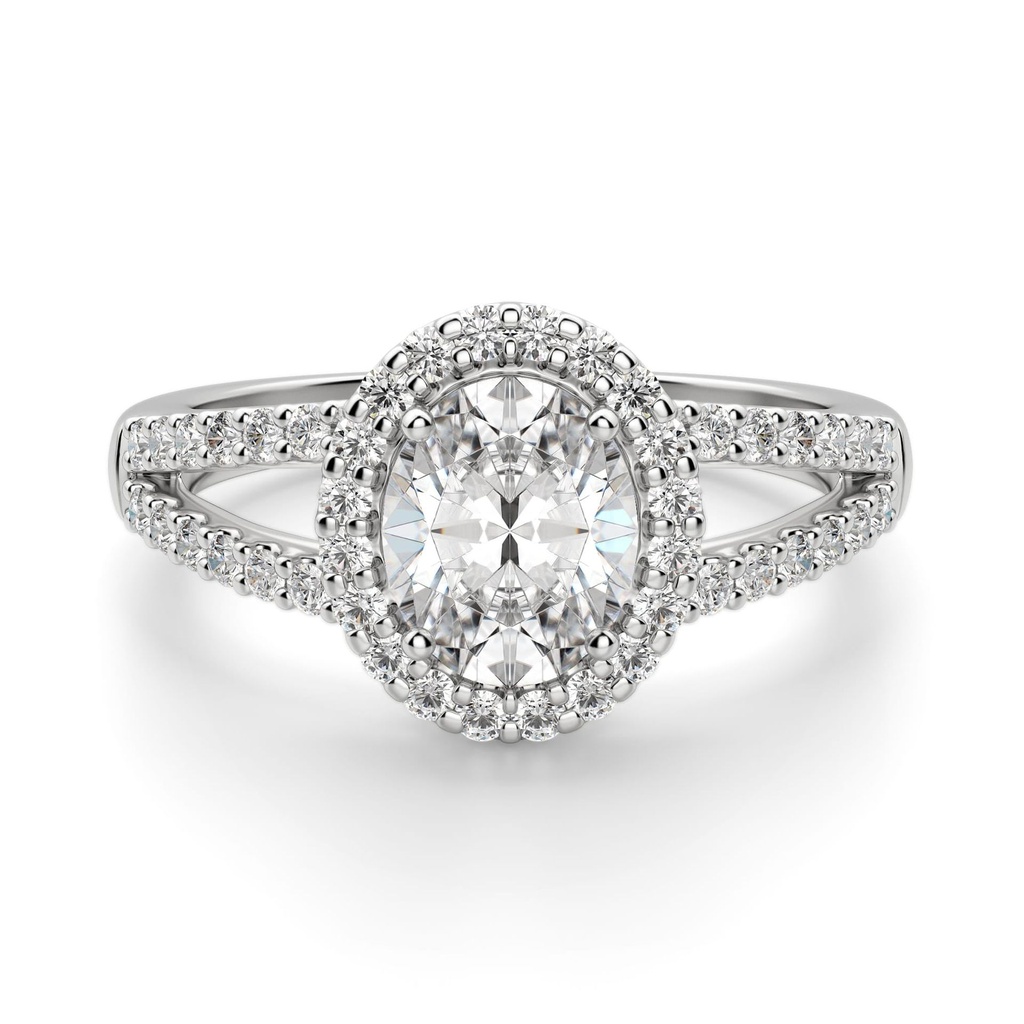 Oval Cut Split Shank Halo Moissanite Engagement Ring