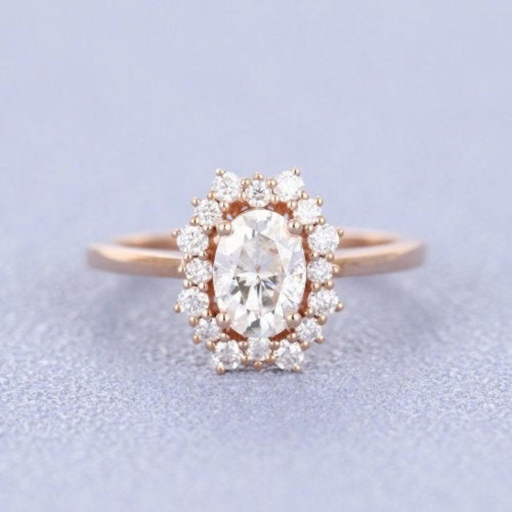 Rose Gold Oval Moissanite Engagement Ring in Halo Diamond Wedding Band Forever One Moissanite Ring 14k, 18k Rose Gold or Platinum Oval 