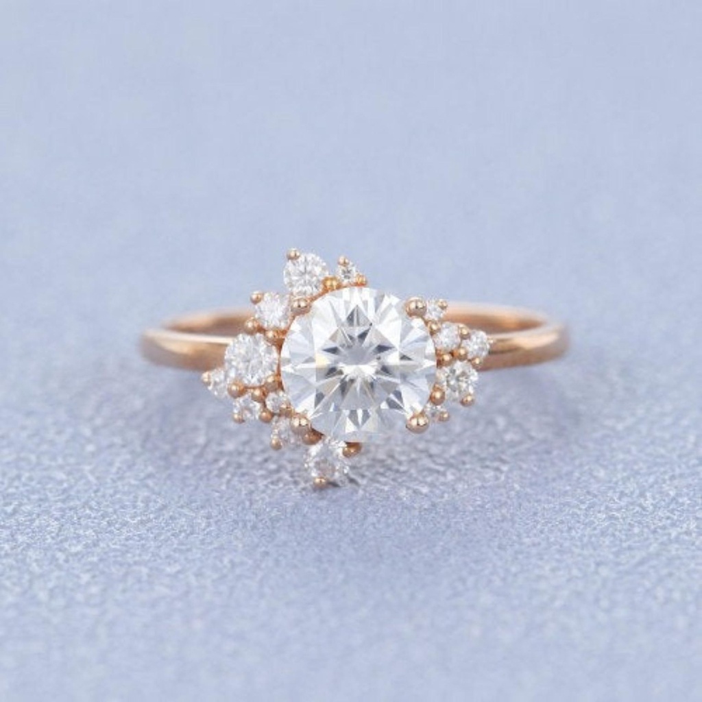 Cluster Moissanite engagement ring round cut Unique Rose gold engagement ring Diamond ring for women vintage Bridal anniversary gift for her