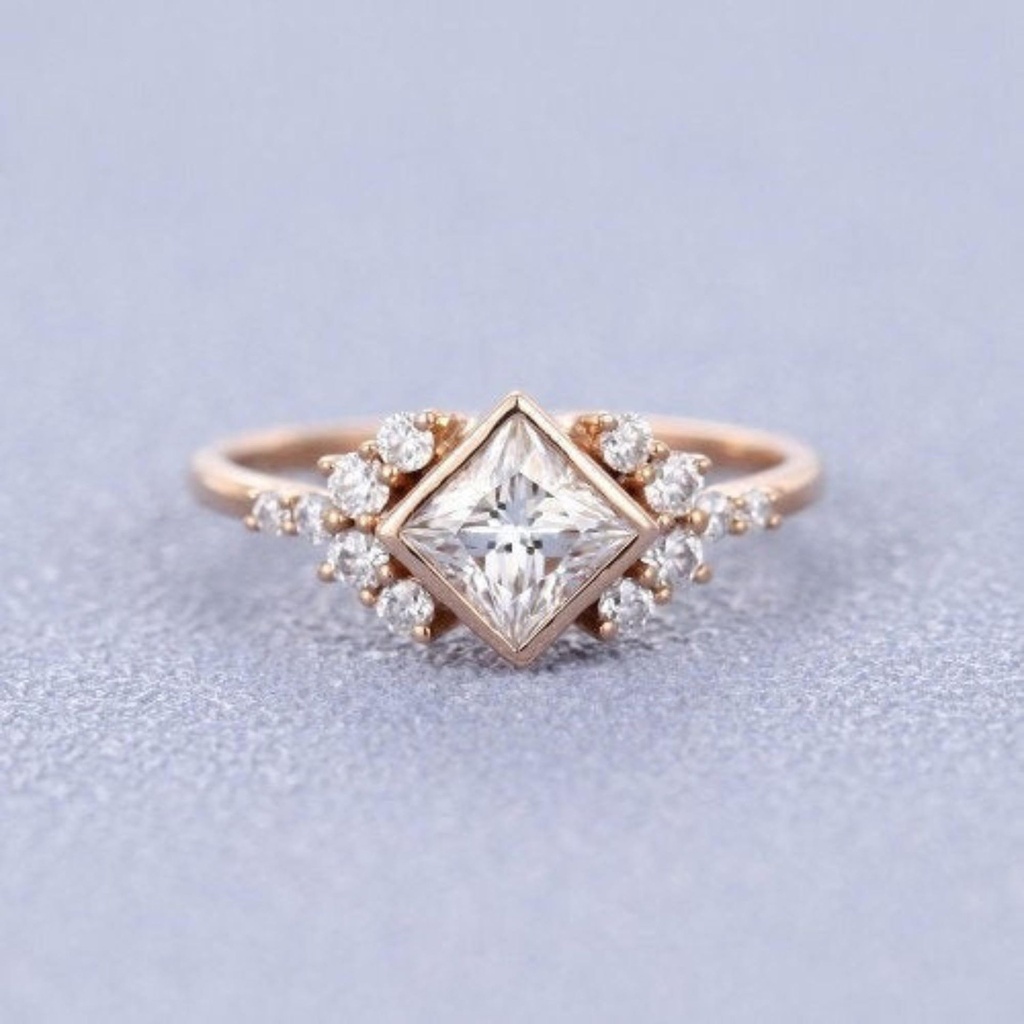 Princess cut Moissanite ring Engagement Ring rose gold women Vintage Cluster ring bridal jewelry Promise Anniversary Gift for Her woman