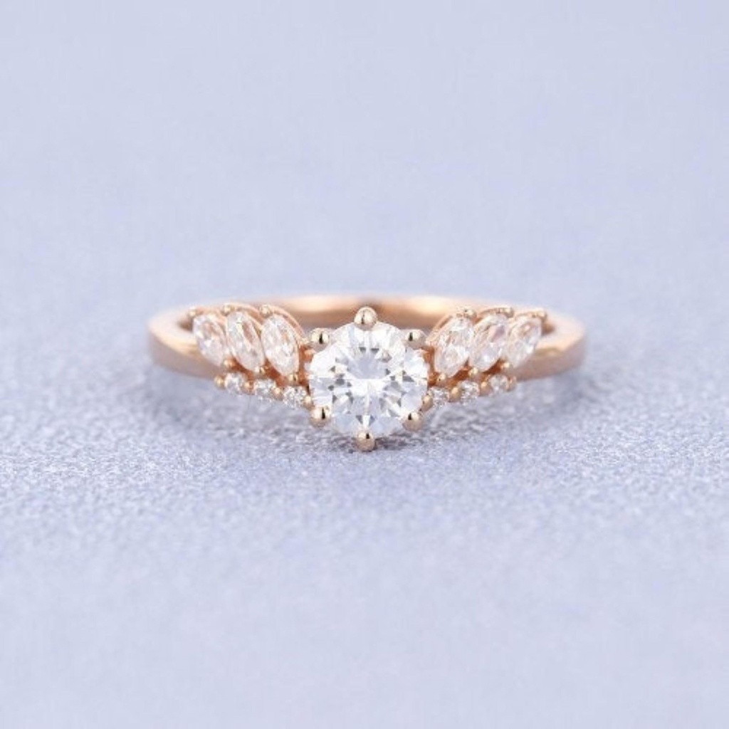 Round Vintage Moissanite Marquise cut Wedding Band Rose Gold engagement band Women half eternity band promise ring anniversary band ring