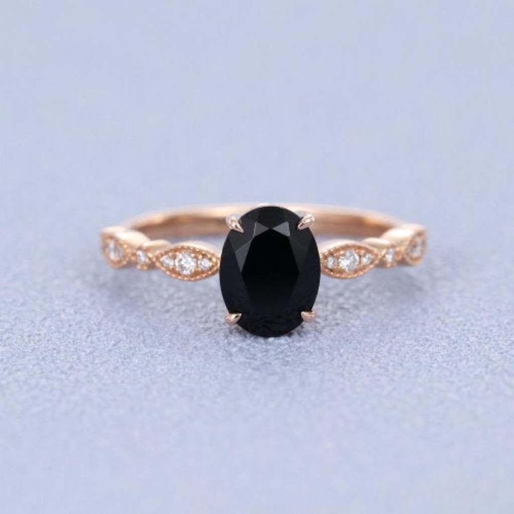 Black Oval engagement ring vintage Rose gold engagement ring for women art deco Oval cut Moissanite wedding Anniversary gift