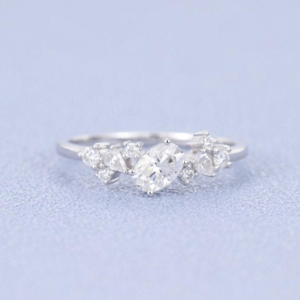 Oval cut White Moissanite engagement white gold vintage Pear shape diamond Cluster engagement ring for women unique Bridal Promise gift