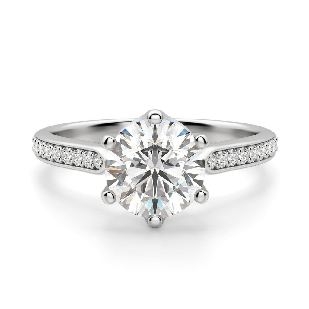  Round Cut Diamond With Accents 6 Prong Engagement Ring For Women