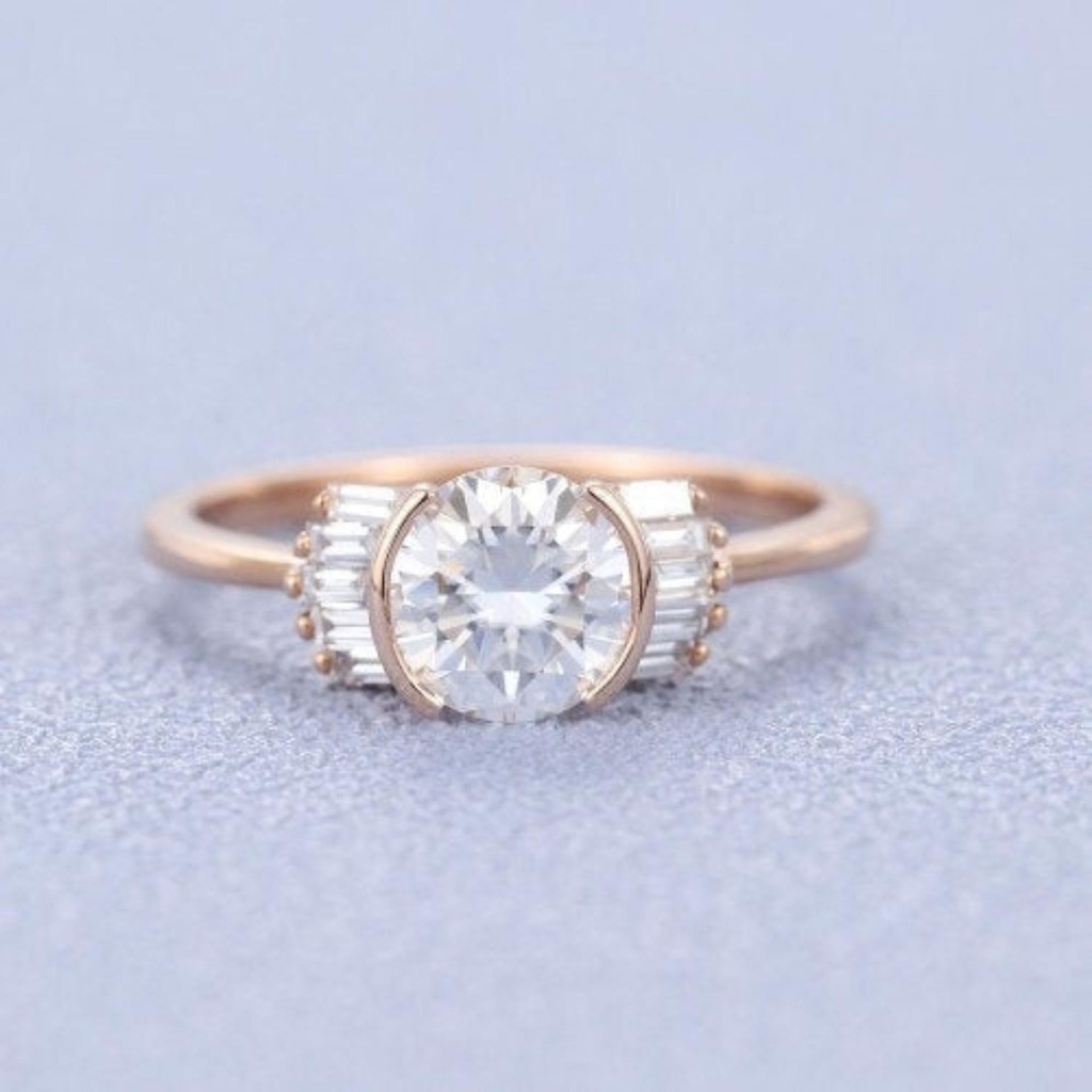 Rose Gold Unique Vintage Baguette Moissanite Round Diamond engagement ring for women Wedding Anniversary Jewellery Elegant Christmas gift