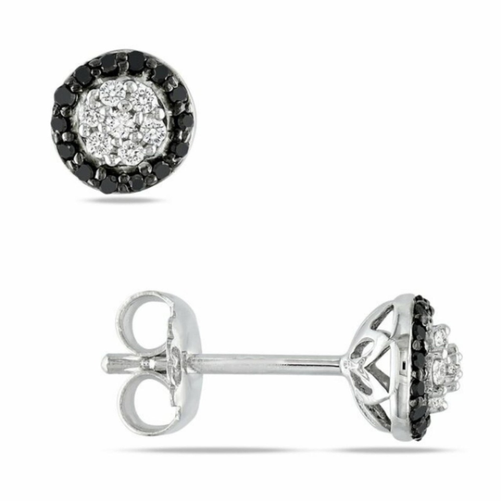 Round Shaped Halo Prong Setting Black And White Diamond Stud Earrings